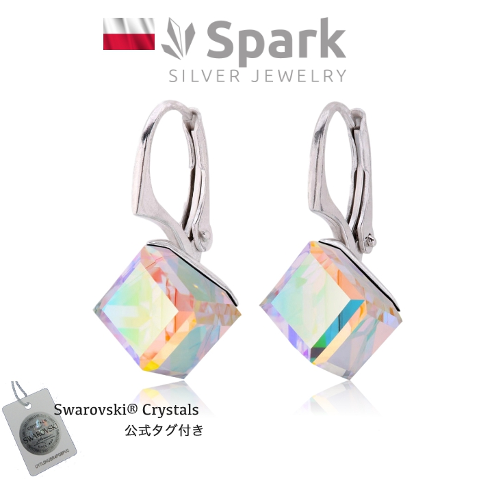 【Spark】ピアス キューブ きりっと大人な雰囲気 スワロフスキー®・クリスタル Swarovski Crystals オーロラ KA48418AB
